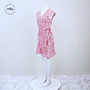 J. by J. Crew Short Sleeve Cotton Striped Wrap Ruffle‎ Dress Red White Size S